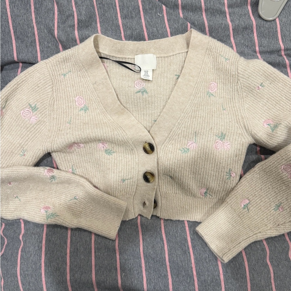 H&M Beige Cardigan with Pink Floral Accents